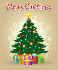 Cartoon christmas tree card with gifts and star. Traditional winter xmas vector illustration with presents, spruce and snowflakes on background