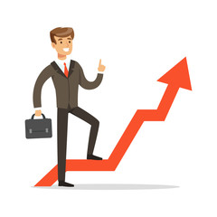 Successful businessman standing on success graph with a red arrow, vector Illustration