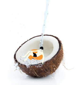 drawn man on float in tropical coconut half
