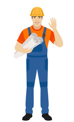 Builder holding the project plans and greeting someone with his hand raised up
