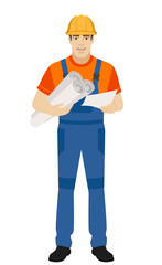 Builder holding the project plans and paper