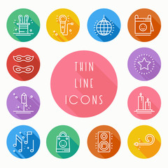 Party celebration thin line icons set. Birthday, holidays, event, carnival festive. Basic party elements icons collection. Vector simple linear design. Illustration. Symbols. Mask gifts cake firework