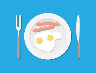 Plate, fork and knife. Eggs and sausages