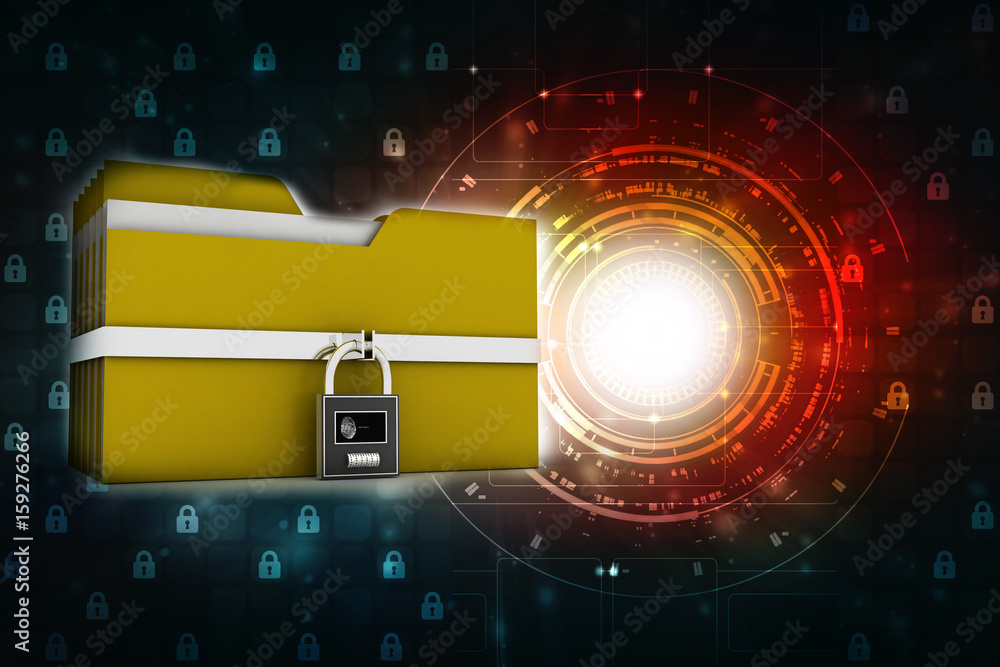 Wall mural Yellow folder and lock. Data security concept. 3D rendering
