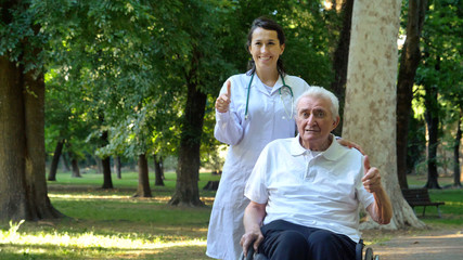 Doctor, nurse, care for the elderly, girl (woman) and grandfather sitting in a wheelchair, walking in the park. Concept: a boarding house, a sanatorium, a house for the elderly, help for the elderly.
