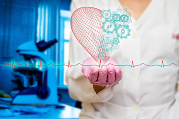Concept of health and medicine - female doctor holding a red heart with gears with ecg lines