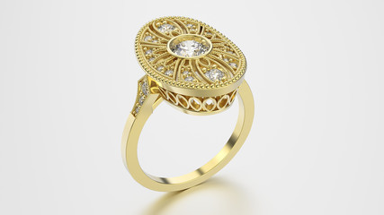 3D illustration gold ethnic ring with diamonds and ornament