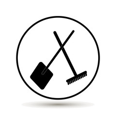 Vector flat illustration of a rake and a shovel. Symbol of the village, the land, the garden. farm on white background