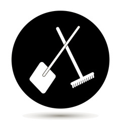 Vector flat illustration of a rake and a shovel. Symbol of the village, the land, the garden, farm