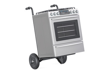 Appliance delivery. Hand truck with gas stove, 3D rendering