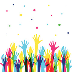 Raised colorful hands at a party. Waving hands in the fun event. Hand-voting in the crowd. Vector illustration