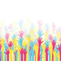 Raised colorful hands at a party. Waving hands in the fun event. Hand-voting in the crowd. Vector illustration