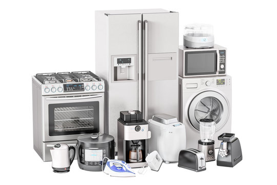 Set of kitchen home appliances. Toaster, washing machine, fridge, iron, gas stove, kettle, mixer, blender, yogurt maker, multicooker, microwave oven, grinder, bread machine, 3D rendering