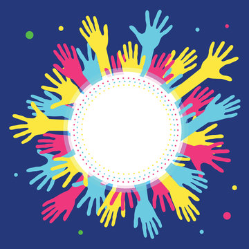 Hands in circle with place in center for text. Concept of group of children, people and union. Waving hands in the fun event. Hand-voting in the crowd. Vector illustration