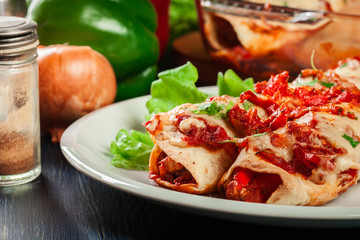 Traditional mexican enchiladas with chicken meat, spicy tomato sauce and cheese on a plate