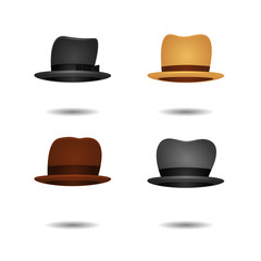 Vector set of isolated cartoon vintage fedora hats on the white background for photo decoration.