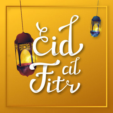 Vector isolated handwritten lettering for Eid Al-Fitr and Ramadan Fanous on orange background. Vector calligraphy poster for greeting card, decoration and covering. Concept of Happy Eid Al-Fitr.