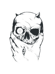 Raster illustration of black and white skull with horns in hand