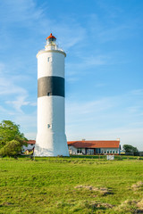 Fototapeta na wymiar The tall lighthouse Long Jan on the island Oland in Sweden, seen with surrounding landscape and buildings on a fine sunny evening.