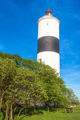 The tall lighthouse Long Jan on the island Oland in Sweden, seen behind some trees.