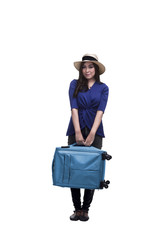 Beautiful asian woman tourist with blue suitcase standing