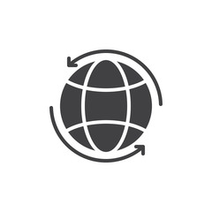 Fototapeta premium Globe with arrows around icon vector, filled flat sign, solid pictogram isolated on white. Worldwide symbol, logo illustration. Pixel perfect