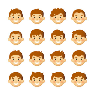 Different hairstyle for men with rosy cheeks. Vector avatars set.