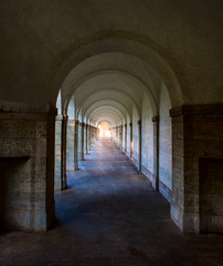 Arcade with sunlight in the Sprudelhof of Bad Nauheim, Wetterau district, Hesse, Germany