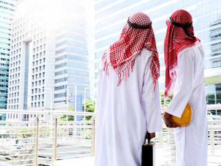 Arab businessman with briefcase and helmet pointing to building while working on project, teamwork concepts.