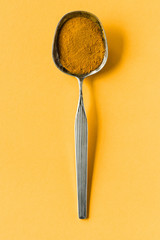 close up of metal spoon with curry powder on yellow surface