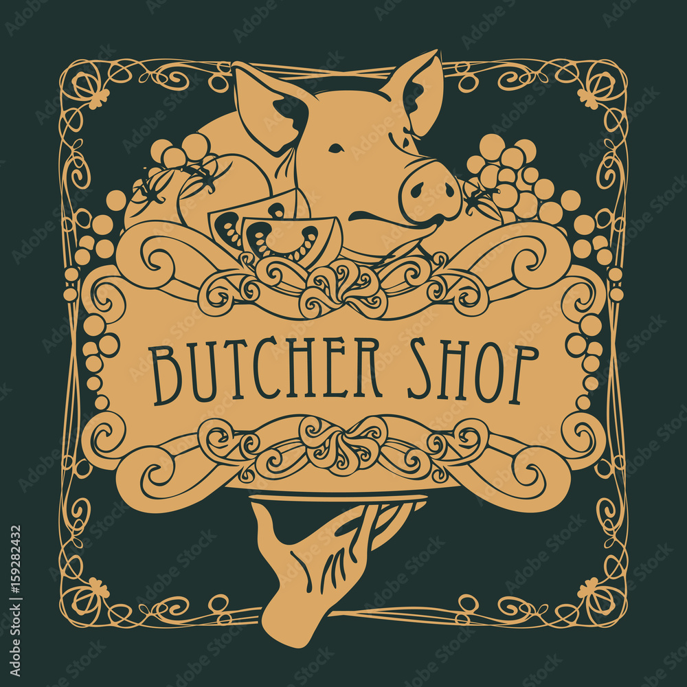 Poster vector banner for the butcher shop with a picture of a hand with a tray on which is a still life wit