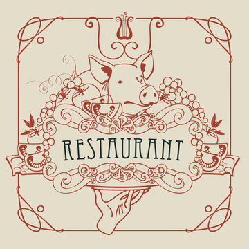 Vector restaurant menu with a picture of a hand with a tray on which is a still life with piglet, vegetables and cheese in a Baroque style with a curly frame.