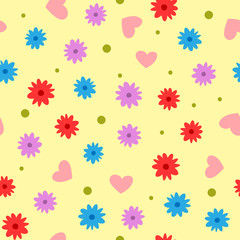 Randomly scattered flowers, hearts, dots. Cartoon seamless pattern.