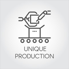 Icon in linear style of modern technical equipment in the factory. Concept of unique production. Contour pictogram, graphic button or infographic element for different design projects