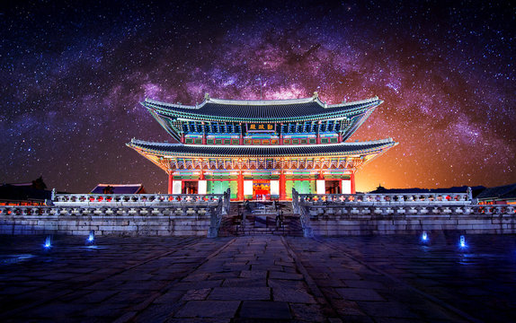 Gyeongbokgung palace and Milky Way in Seoul, South Korea.
