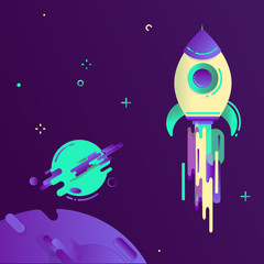 Modern style abstraction with composition made of various rounded shapes in color, a modern image of a flying rocket and the moon. Vector illustration.