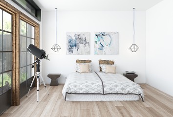 Modern bedroom interior with a telescope