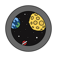 View from the rocket window into the space with moon and earth