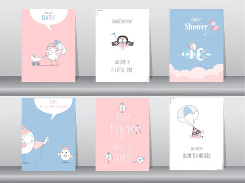 Set of baby shower invitation cards,birthday,poster,template,greeting,animals,cute,birds,Vector illustrations