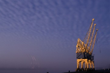 Alignement de grandes grues jaunes sous un ciel bleu molletonné de nuages