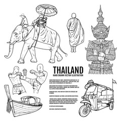 Thailand Travel Landmarks. Hand draw Vector Illustration. Amazing thailand