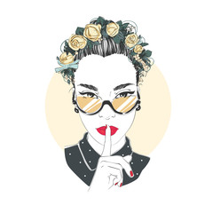 Portrait of young beautiful woman with flowers in long hair with glasses. Comic style fashion illustration.