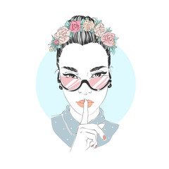 Obraz premium Portrait of young beautiful woman with flowers in long hair with glasses. Comic style fashion illustration.