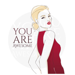 Beautiful sexy blonde hair girl in fitting reddress on high heels. Hand drawn vector illustration