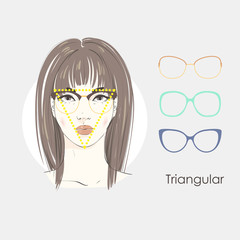 Vector set beautiful women portrait with different haircuts and shape of glasses for triangular type of faces. Hand drawn illustration.