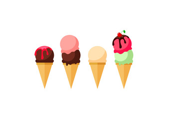 Ice cream. Collection of summer dessert vector illustrations. Set of ice cream wafer cones