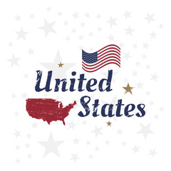 USA lettering with flag and map. Vintage label badge with retro style and grunge texture. Flat vector illustration EPS10