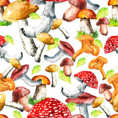 Fototapeta na wymiar Seamless watercolor pattern, background with a picture of forest mushrooms, berries, autumn leaves, plants. Vintage illustration for a variety of designs.