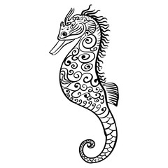 Stylized black and white icon of a seahorse