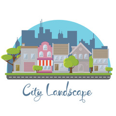 City landscape flat design modern buildings with trees
